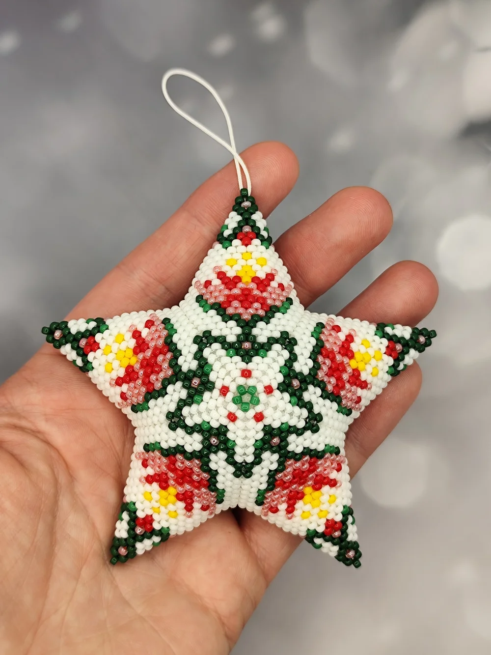 Handmade White Beaded Star Holiday Ornament with Red, Green & Yellow Accents